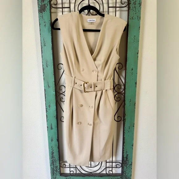 Calvin Klein Ivory Belted Sleeveless Trench Dress Minimalist Office Chic Size 4 - Picture 4 of 11